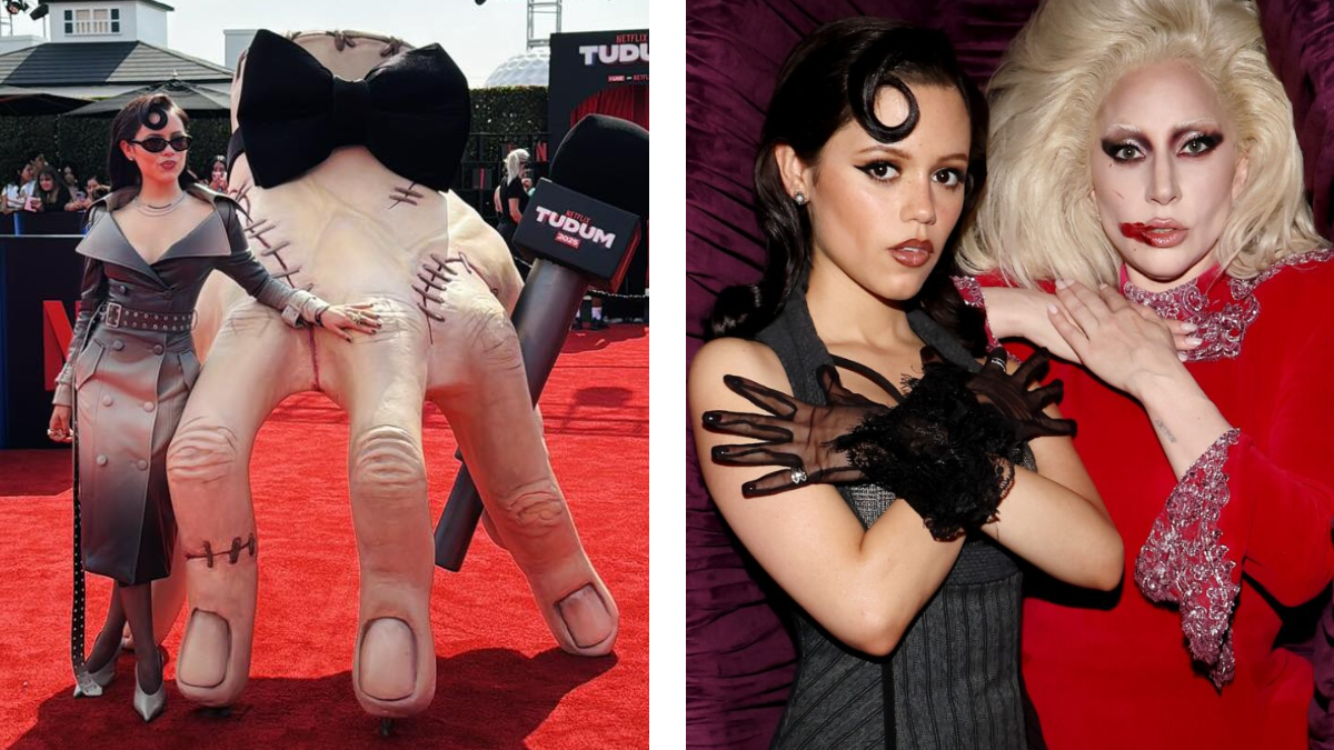 Netflix Tudum 2025: Jenna Ortega poses with Thing from Wednesday and Lady Gaga in a coffin