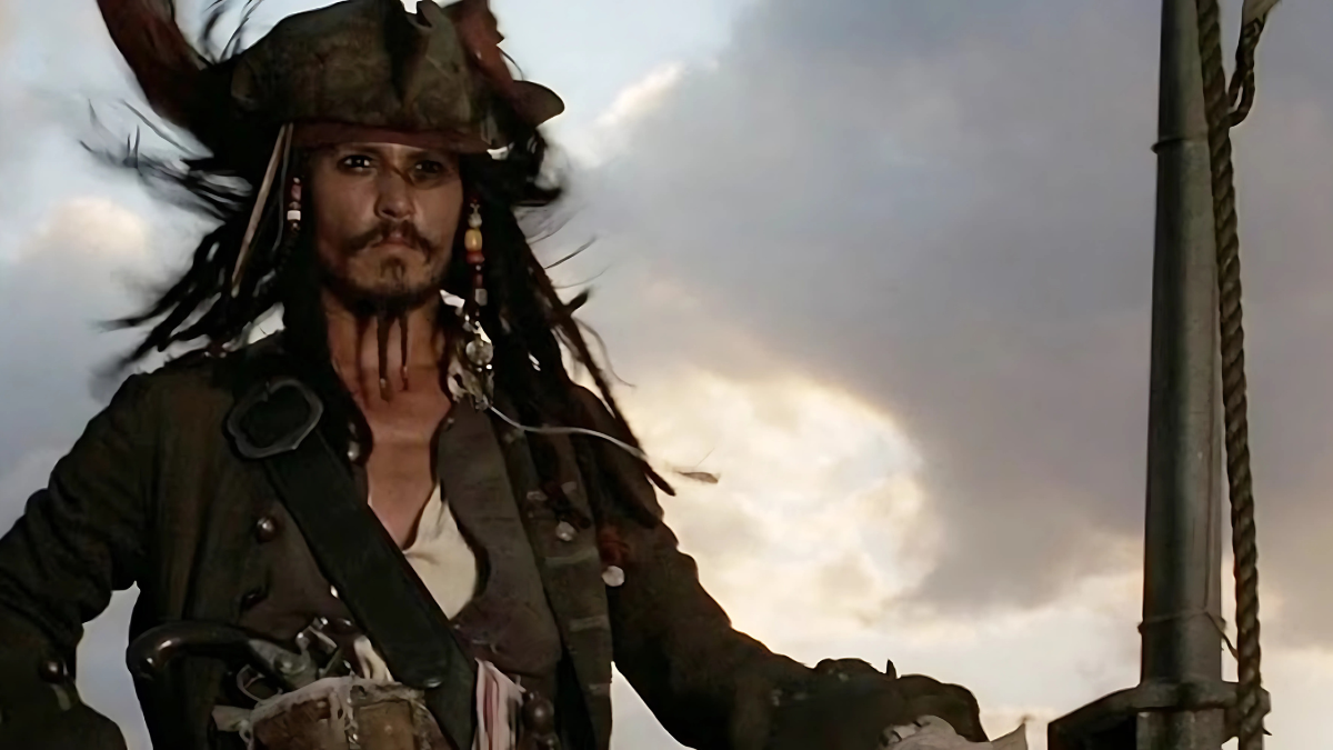 Pirates of the Caribbean image of Johnny Depp as Jack Sparrow on a mast