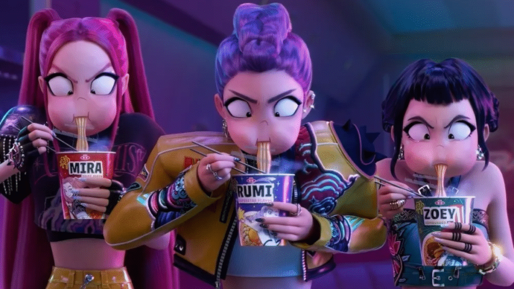 Huntrix eating personalised ramen noodles