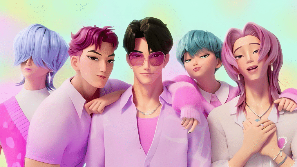 Image of the fictional Kpop boy group SAJA BOYS from KPop Demon Hunters