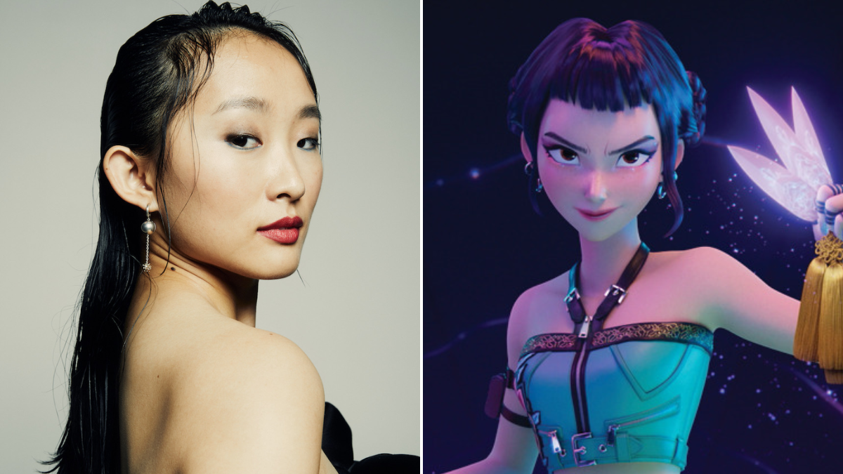 Side by side image of Ji-young Yoo and her 'KPop Demon Hunters' character Zoey - new k-pop movie coming soon