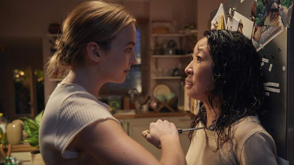 Sandra Oh as Eve Polastri and Jodie Comer as Villanelle in Killing Eve.